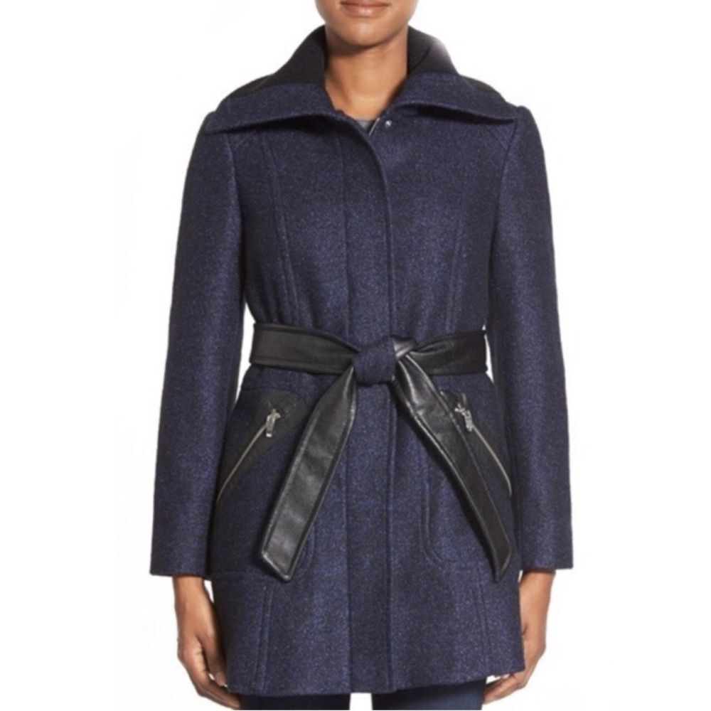 Via Spiga Indigo Black Wool Blend Hidden Button & Zip Coat Size 12